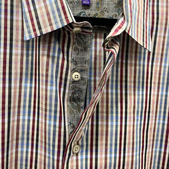 Tallia | Men's XXL 18.5 Gingham Striped Flip Cuff Button Down Shirt Paisley Gray - Picture 7 of 13